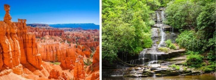 a red rocky vista, a waterfall
