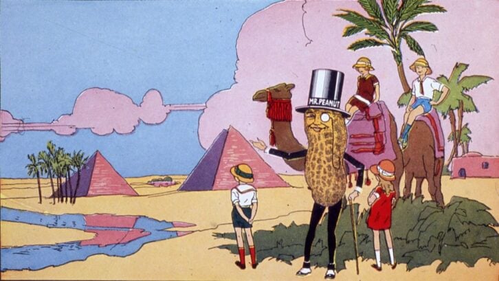 The Planters Peanut company uses a promotional book, issued around 1920, to illustrate the world wide popularity of their products with Mr. Peanut appearing in Egypt near the pyramids.