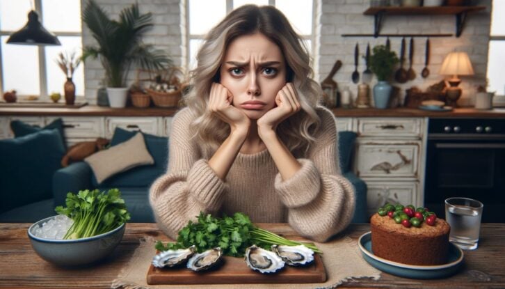 person pouting with oysters, cilantro, and fruit cake