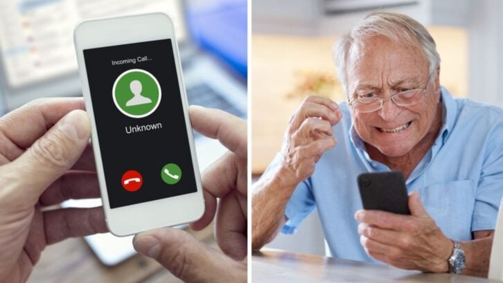 Incoming call with unknown unsolicited number or caller ID on mobile phone, and Shot of an elderly man using his cellphone at the kitchen table at home