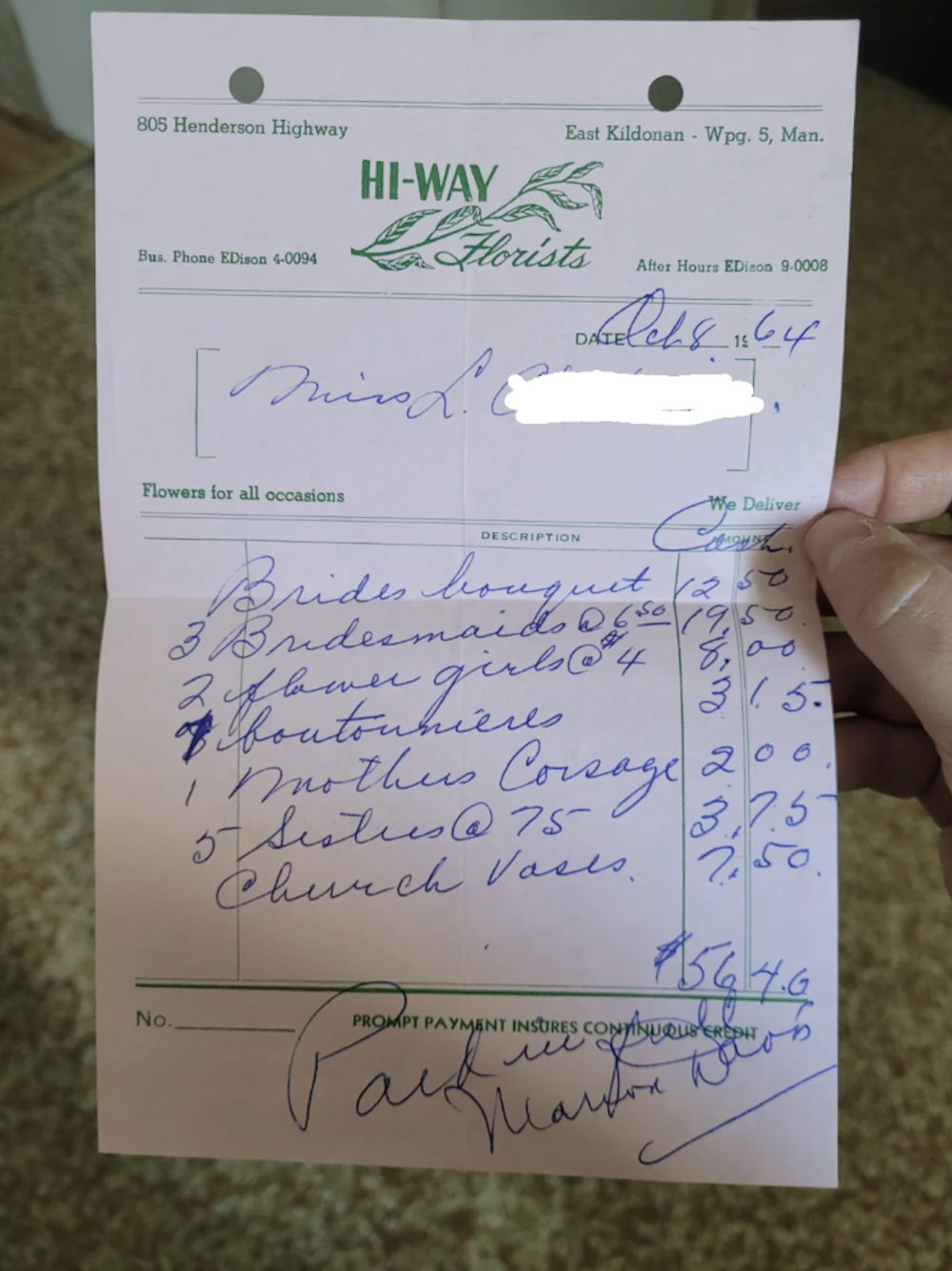 Price Wedding Flowers 1964