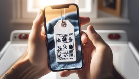 Phone zoomed in on a laundry tag label