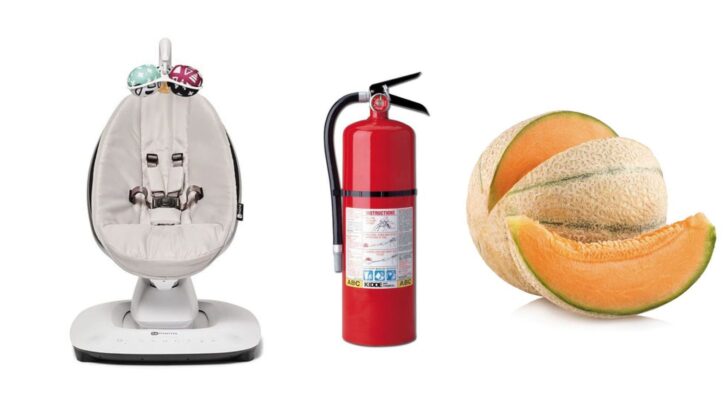 a baby tocker, a fire extinguisher, a cantaloup