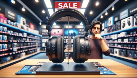 AI-generated image of man looking skeptically at headphones on sale
