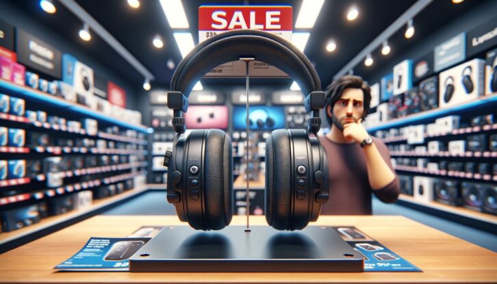 AI-generated image of man looking skeptically at headphones on sale