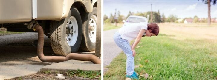 An RV with a twisted pipe, a young boy by the side of the road bent forward
