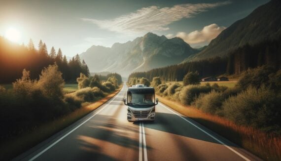 Photo of an RV driving down an empty, scenic road