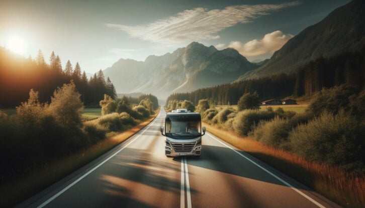 Photo of an RV driving down an empty, scenic road