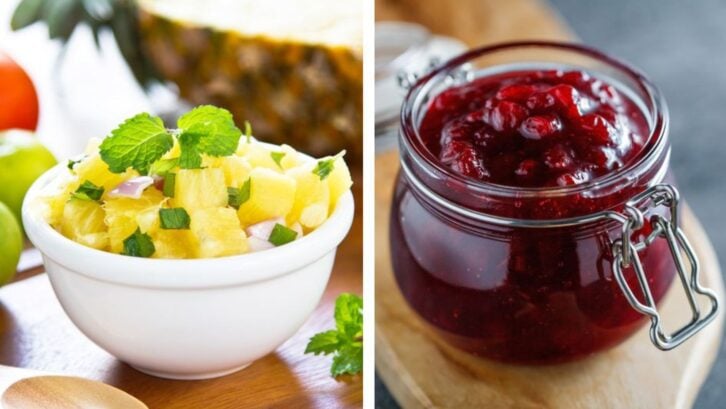 a bowl of pinneapple and a jar of jam