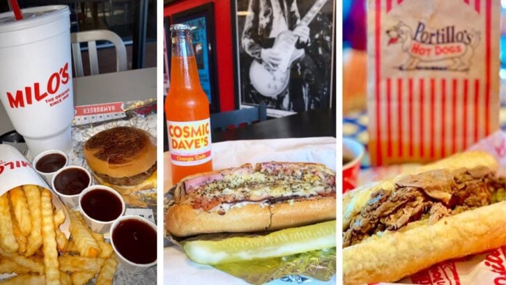 Photos of regional fast food chains: Milo's, Cosmic Dave's and Portillo's