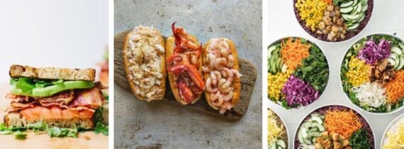 A sandwich, three lobster rolls, a selection of bibibop bowls
