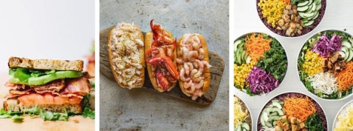 A sandwich, three lobster rolls, a selection of bibibop bowls