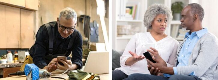 An older man with glasses standing over a computer, an older African-American couple talking