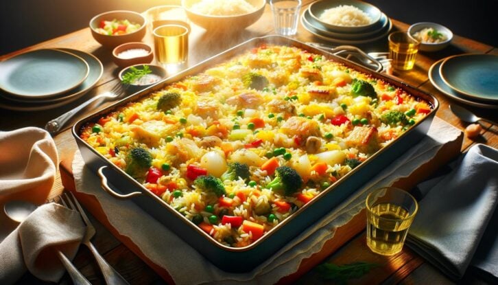 AI-generated image of a rice casserole dish on a dining room table