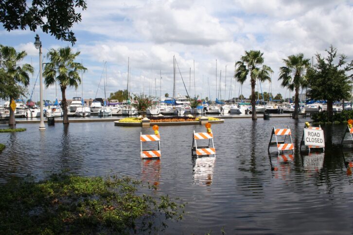 Road closed with flooded waters, near marina with lines of boats, palm trees scattered around, on a sunny day