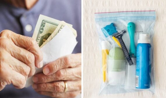 Man holding cash and a bag of toiletries