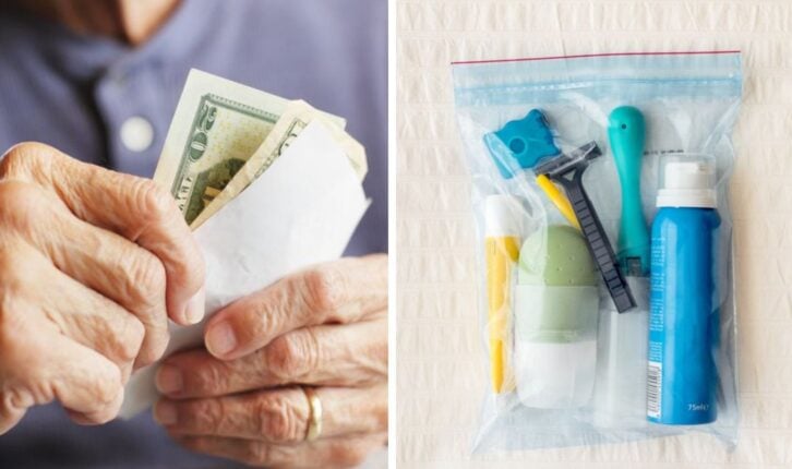 Man holding cash and a bag of toiletries