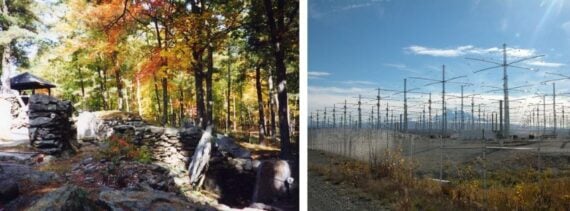 a forest with rocks. a field of wired transmitters