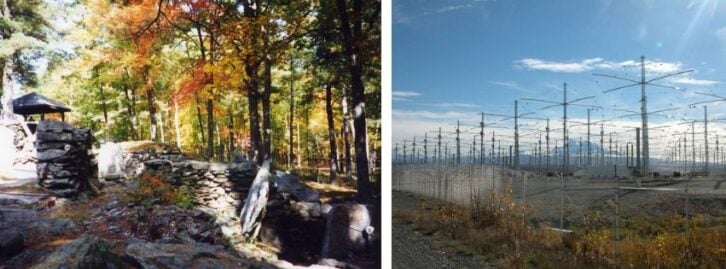a forest with rocks. a field of wired transmitters