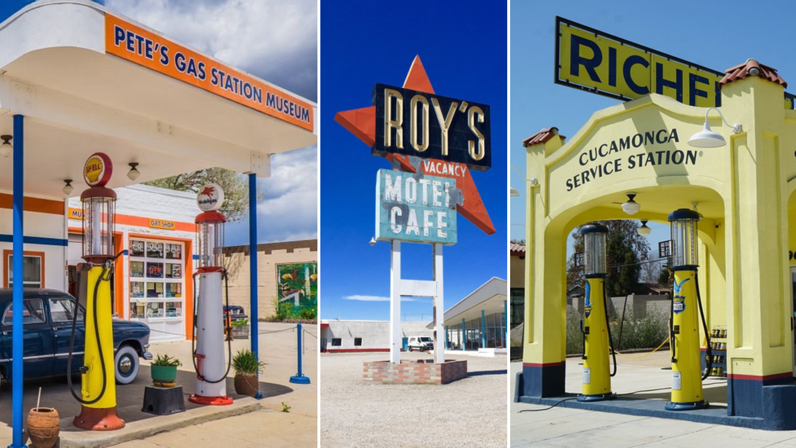 Historic Route 66 Gas Stations Worth a Pit Stop like Pete's Route 66 Gas Station Museum, Roy's Motel and Cafe, and Cucamonga Service Station