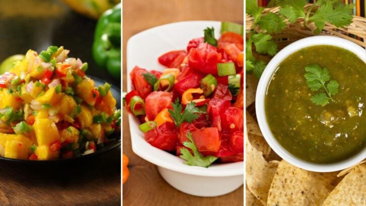 Three different homemade salsas, including mango salsa, Xnipec Salsa, and tomatillio