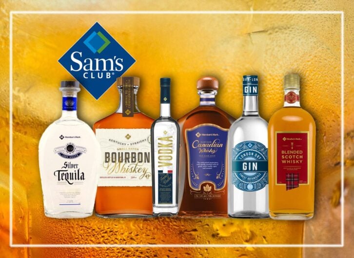 A photo illustration of six bottles of Sam's Club's Member's Mark brand liquor bottles over a closeup of brown liquor in a sweating glass. The Sam's Club logo is also present.