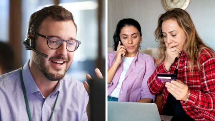 Man with phone headset at a computer in one image and two woman on a couch talking on a phone and looking at a credit card.