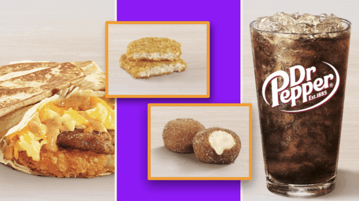 A collage of Taco Bell's breakfast box menu items, including a fountain drink, crunchwrap, hashbrown, and cinnabon delights.