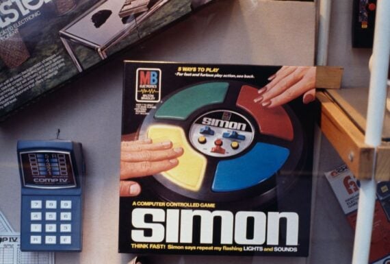Electronic games from the Milton Bradley company, circa 1980. On the left is the deduction game Comp IV. On the right is Simon, a memory game, in which players have to repeat increasingly complex random sequences of lights and sounds.