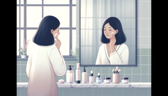 Person putting on cream in the bathroom