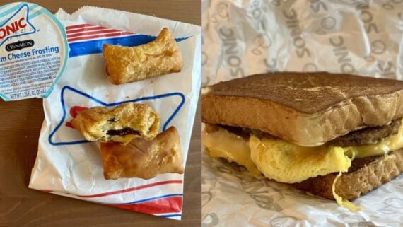 Mashup of two Sonic breakfast items: Cinnabon Cinnasnacks and Sausage Breakfast Toaster