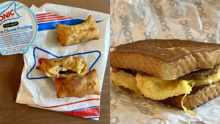 Mashup of two Sonic breakfast items: Cinnabon Cinnasnacks and Sausage Breakfast Toaster