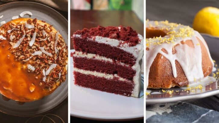 Three images of Southern cakes: Lane Cake, Red Velvet, and 7-Up Cake
