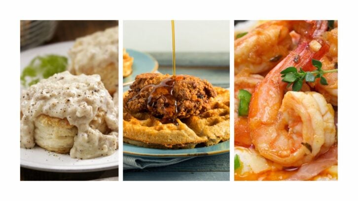 Biscuits and gravy, chicken and waffles, and shrimp and grits