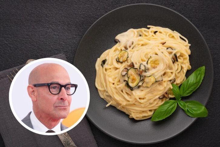 A circular photo of Stanley Tucci superimposed over a photo of Spaghetti alla Nerano, a pasta dish made with zucchini.