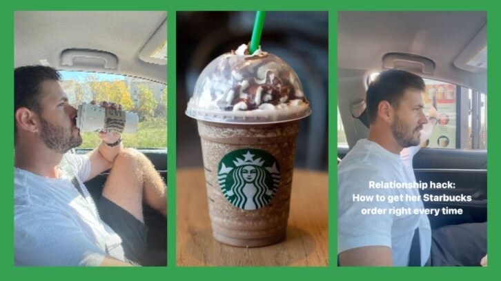 Man ordering Starbucks at Drive thru using his phone with an image of a Frappucino in the center