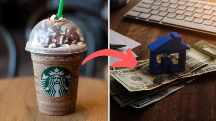 A Starbucks frappucino with a red arrow pointing to a pile of money and a toy home