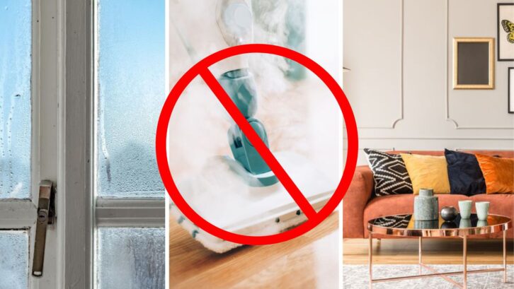 Windows with moisture; Steam cleaner mop cleaining floor; a stylish living room