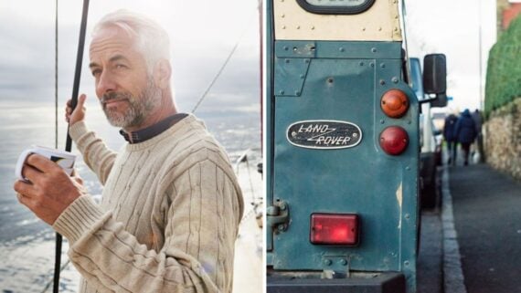 Shot of a mature man on his sailboat drinking a cup of coffee and Rear view of an old-fashioned Land Rover 4x4 vehicle