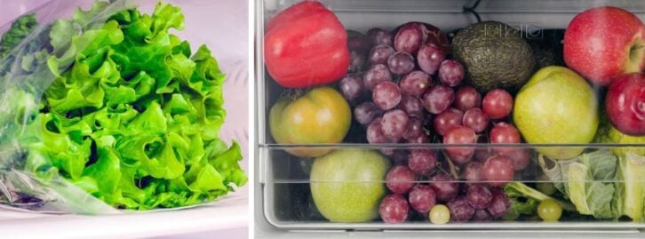 a head of lettuce, fruits around a bunch of grapes