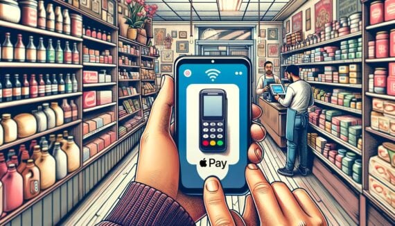 A hand holding a smart phone with the Apple Pay logo is held against a payment device. In the background is the interior of a bodega.