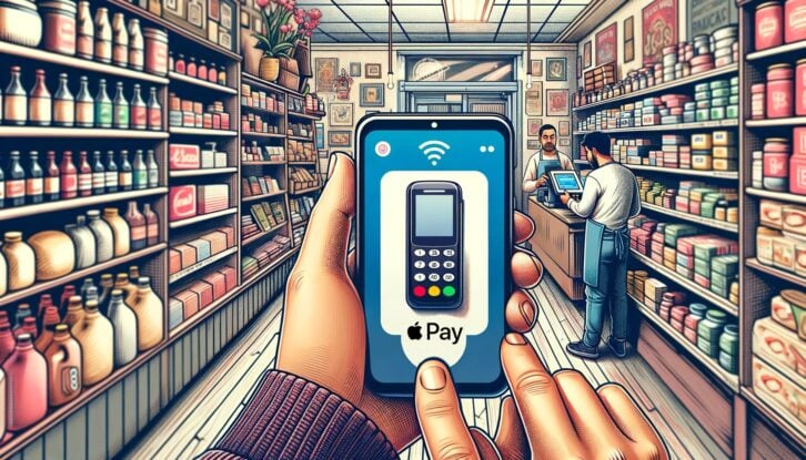 A hand holding a smart phone with the Apple Pay logo is held against a payment device. In the background is the interior of a bodega.