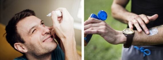a man putting a drop in his eye, a man putting sunscreen on his arm