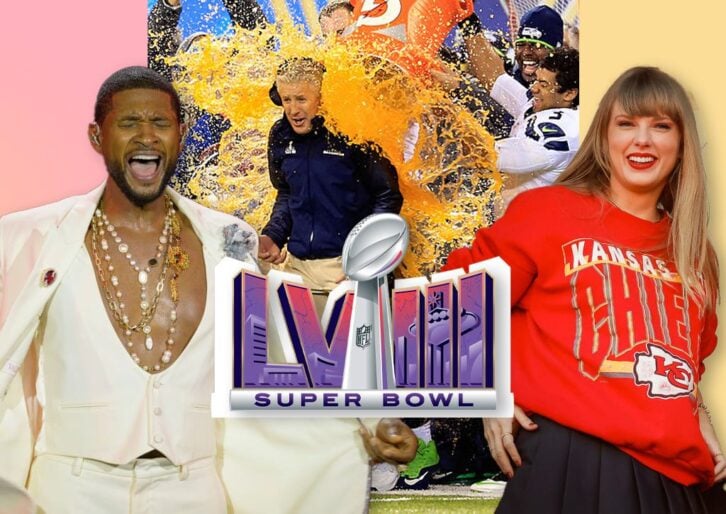 A photo collage of Usher, Taylor Swift, and former Seattle Seahawks head coach Pete Carroll getting doused in Gatorade.