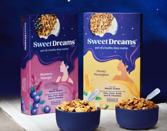 Two boxes of post sweet dreams cereal are displayed along bowls of each cereal flavor.