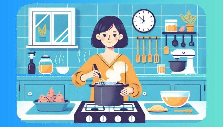 A blue and white illustration of a women cooking with sweet potatoes on a kitchen stove.
