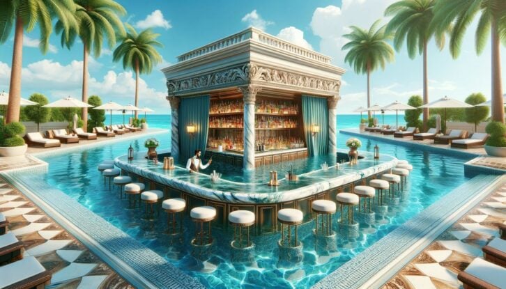 Fancy swim-up pool bar with bartender