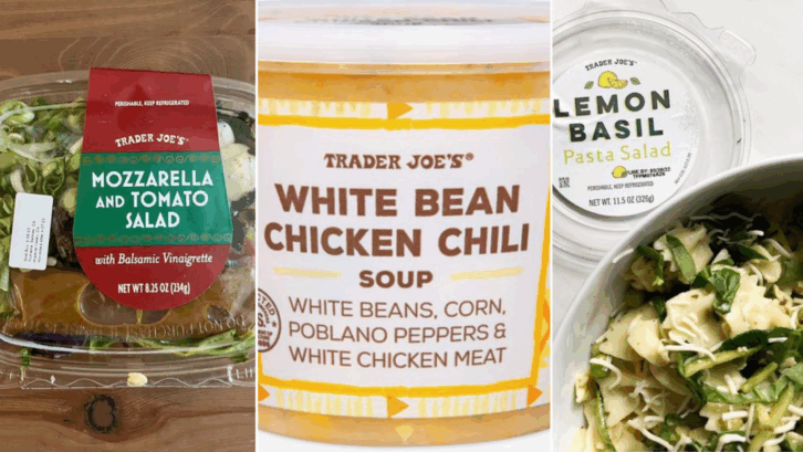The Best Ready-to-Eat Meals at Trader Joe's like  Lemon Basil Pasta Salad, Mozzarella and Tomato Salad, White Bean Chicken Chili Soup