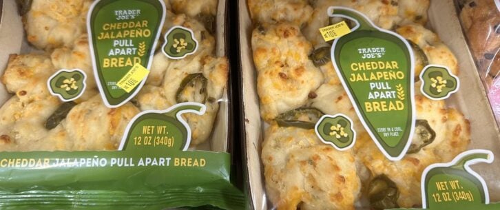 Two packages of Trader Joe's Cheddar Jalapeno Pull-Apart Bread - packaging is green, white, and yellow.