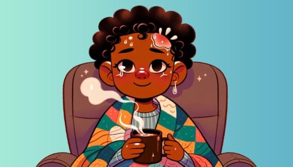 An AI-generated illustration of a woman sitting in a chair suffering from symptoms such as congestion and fever. She's wrapped in a blanket and sipping from a steaming cup of tea. The expression on her face tells you that she's feeling slightly better.